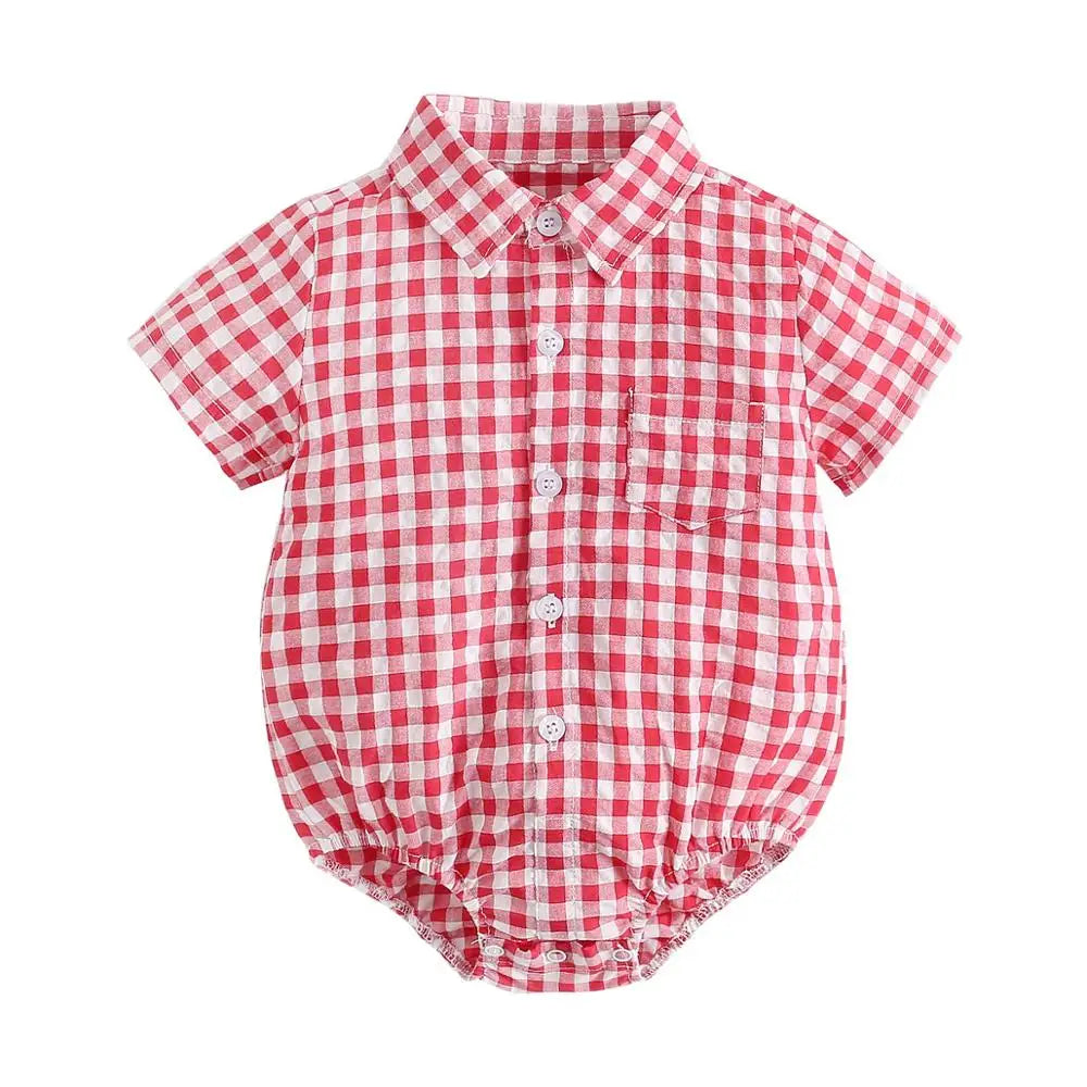 Baby Boys Bodysuit - Soft Cotton Fabric Summer Baby Bodysuit with Plaid Pattern