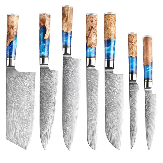 Damascus Steel Chefs Knife - Sharp Clad Steel Kitchen Knife with Blue Resin Handle  Custom Logo Gift Box - ZOOMNSTORE