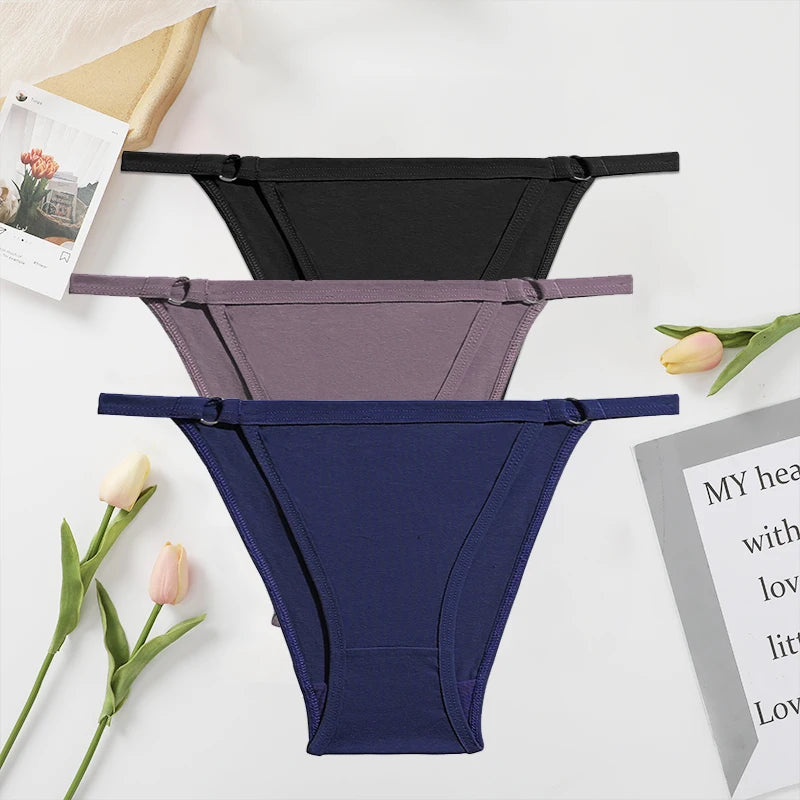 FINETOO 3PC/Set Women's Cotton Panties Underwear Metal Buckle Briefs M-2XL Female Underpant Low Waist Woman Sexy Panty Lingerie