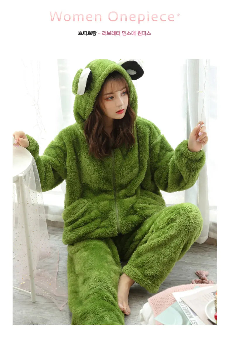 Jielur Warm Women Pajama Sets Winter Lady Long Sleeve Shirt+Pants Home suit Hooded Cartoon Print Thick Pijama Feminino