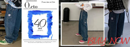 Blue Sweet Embroidered Casual Trousers Women Japanese Versatile Trend Summer High Waist Loose Multi Pocket Wide Leg Cargo Pants