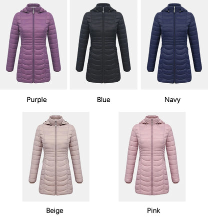 SANTELON Women Long Warm Parka For Women Ultralight Padded Puffer Jacket Coat With Detachable Hood Lightweight Outwear Clothing