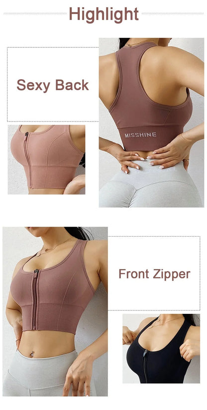 Front Zipper Sports Bra - Women's Athletic Crop Top, Push Up Wireless Fitness Tank