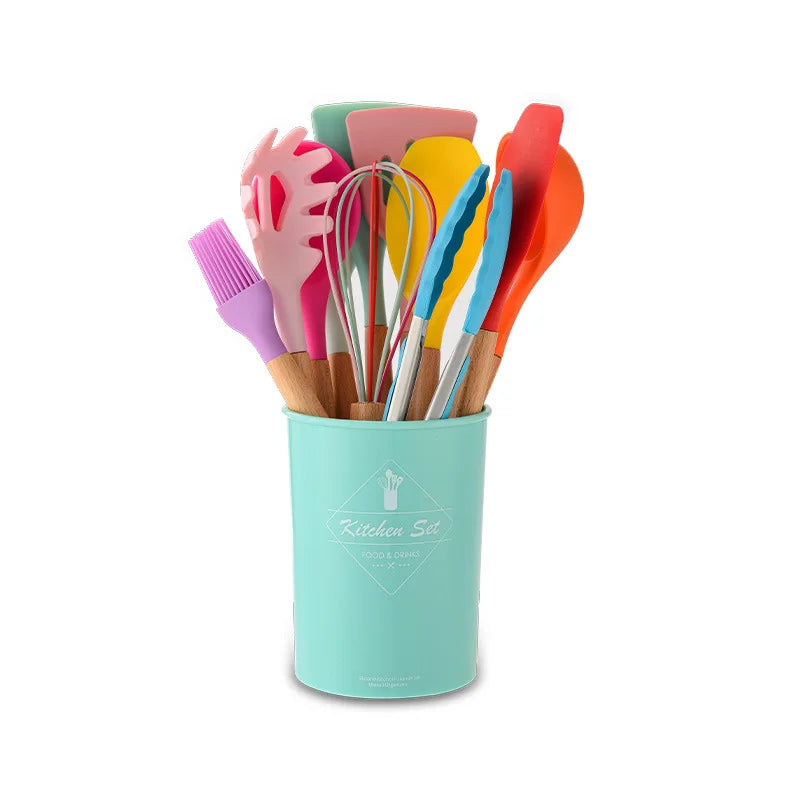 Silicone Kitchen Utensils Set - 11 Pcs BPA Free Cookware with Wooden Handle and Holder - ZOOMNSTORE