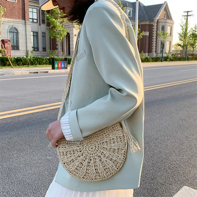 Half Moon Rattan Crossbody Bag - Handmade Woven Straw Beach Bag for Women - ZOOMNSTORE