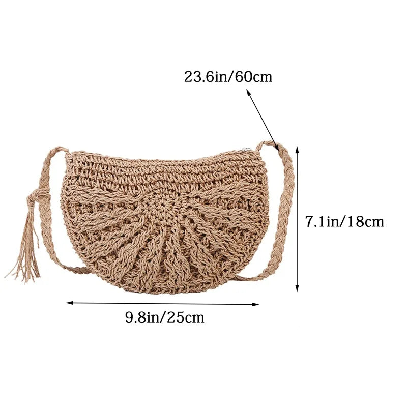 Half Moon Rattan Crossbody Bag - Handmade Woven Straw Beach Bag for Women - ZOOMNSTORE