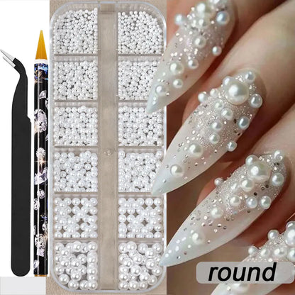 Half Round Pearl Beads - 3D Nail Charms Flatback White Pearls Various Sizes 15-5mm - ZOOMNSTORE