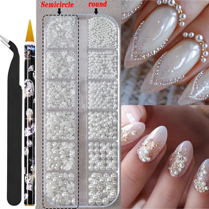 Half Round Pearl Beads - 3D Nail Charms Flatback White Pearls Various Sizes 15-5mm - ZOOMNSTORE