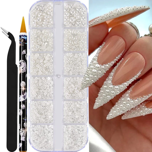 Half Round Pearl Beads - 3D Nail Charms Flatback White Pearls Various Sizes 15-5mm - ZOOMNSTORE