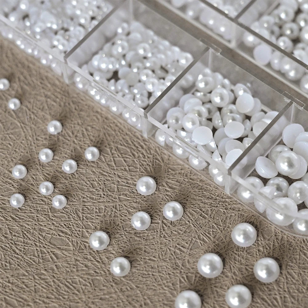 Half Round Pearl Beads - 3D Nail Charms Flatback White Pearls Various Sizes 15-5mm - ZOOMNSTORE
