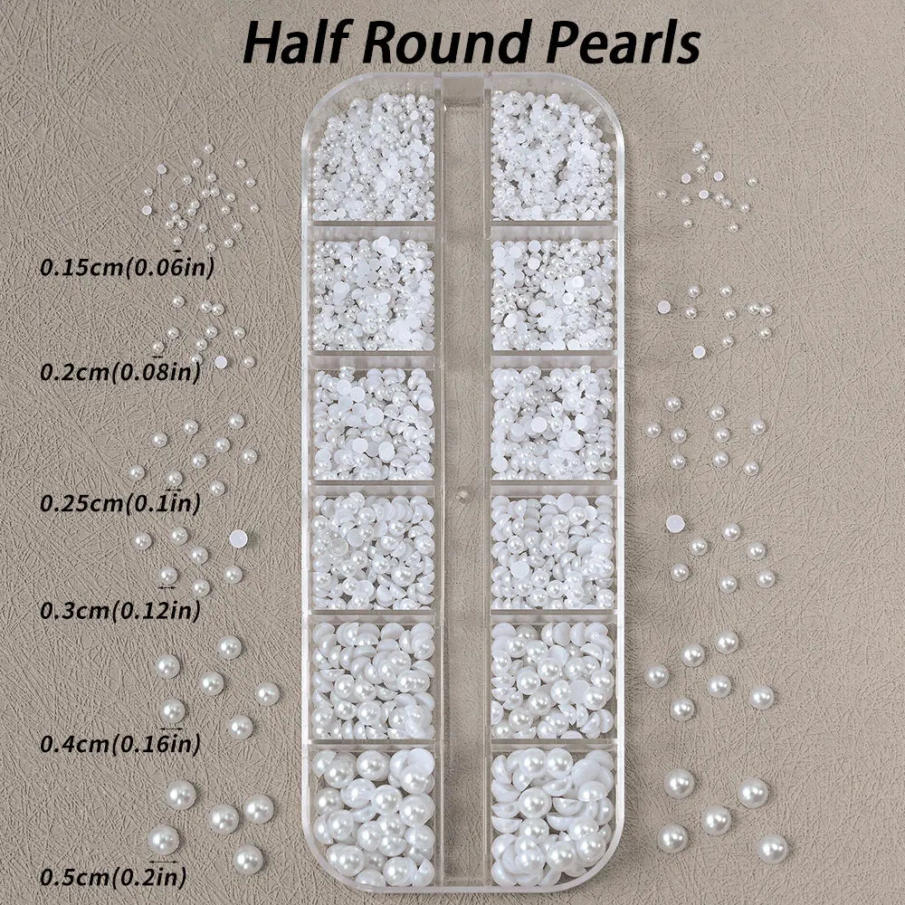 Half Round Pearl Beads - 3D Nail Charms Flatback White Pearls Various Sizes 15-5mm - ZOOMNSTORE