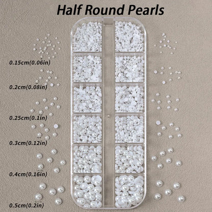 Half Round Pearl Beads - 3D Nail Charms Flatback White Pearls Various Sizes 15-5mm - ZOOMNSTORE