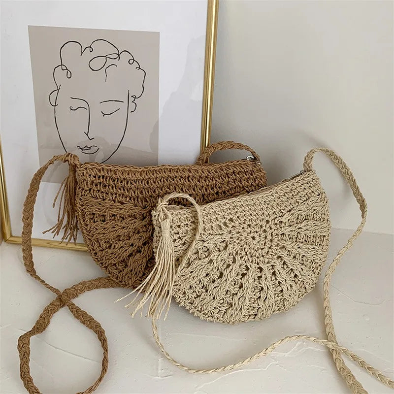 Half Moon Rattan Crossbody Bag - Handmade Woven Straw Beach Bag for Women - ZOOMNSTORE