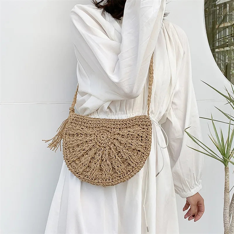 Half Moon Rattan Crossbody Bag - Handmade Woven Straw Beach Bag for Women - ZOOMNSTORE