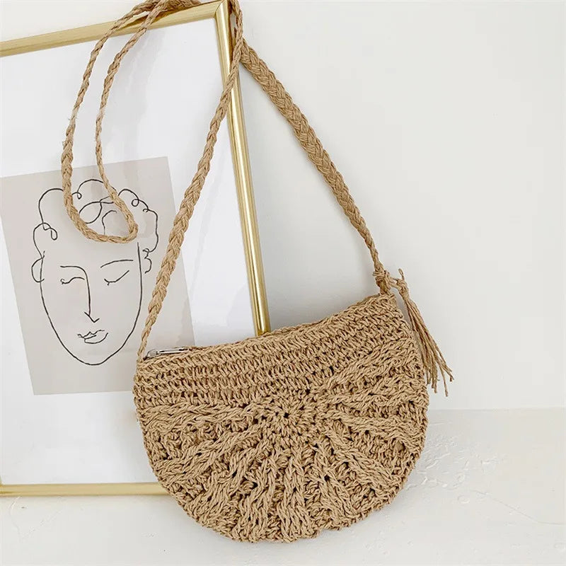 Half Moon Rattan Crossbody Bag - Handmade Woven Straw Beach Bag for Women - ZOOMNSTORE