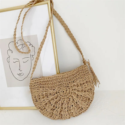 Half Moon Rattan Crossbody Bag - Handmade Woven Straw Beach Bag for Women - ZOOMNSTORE