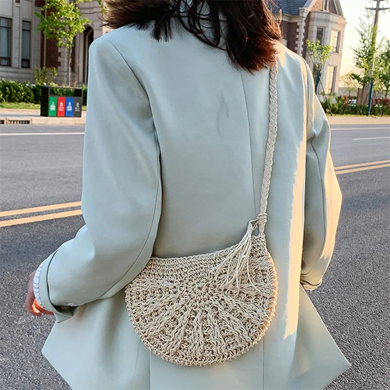 Half Moon Rattan Crossbody Bag - Handmade Woven Straw Beach Bag for Women - ZOOMNSTORE