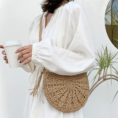 Half Moon Rattan Crossbody Bag - Handmade Woven Straw Beach Bag for Women - ZOOMNSTORE