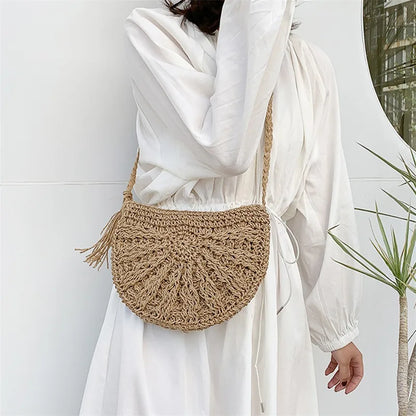 Half Moon Rattan Crossbody Bag - Handmade Woven Straw Beach Bag for Women - ZOOMNSTORE