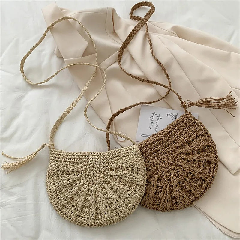 Half Moon Rattan Crossbody Bag - Handmade Woven Straw Beach Bag for Women - ZOOMNSTORE