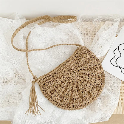Half Moon Rattan Crossbody Bag - Handmade Woven Straw Beach Bag for Women - ZOOMNSTORE