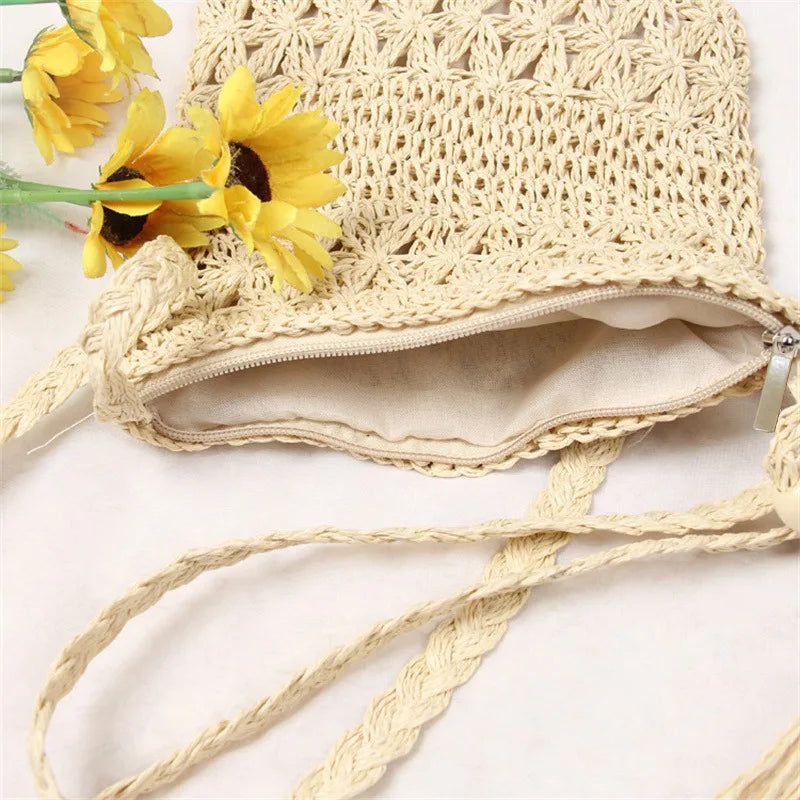 Half Moon Rattan Crossbody Bag - Handmade Woven Straw Beach Bag for Women - ZOOMNSTORE