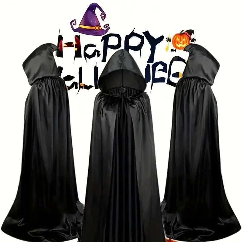 Halloween Cloak Soft Unisex Hooded Black Robe Witch Long Cape Cosplay Costume Prop Party Performance Supplies Holiday Decoration - ZOOMNSTORE