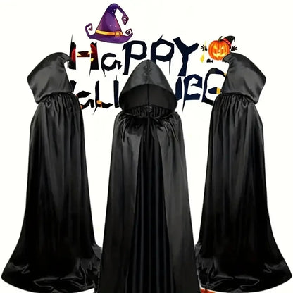 Halloween Cloak Soft Unisex Hooded Black Robe Witch Long Cape Cosplay Costume Prop Party Performance Supplies Holiday Decoration - ZOOMNSTORE