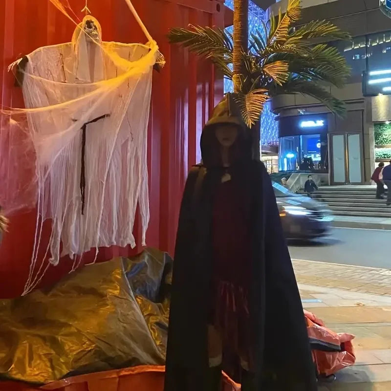 Halloween Cloak Soft Unisex Hooded Black Robe Witch Long Cape Cosplay Costume Prop Party Performance Supplies Holiday Decoration - ZOOMNSTORE