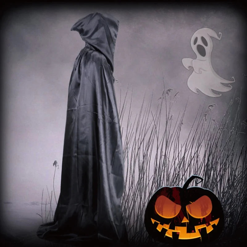 Halloween Cloak Soft Unisex Hooded Black Robe Witch Long Cape Cosplay Costume Prop Party Performance Supplies Holiday Decoration - ZOOMNSTORE