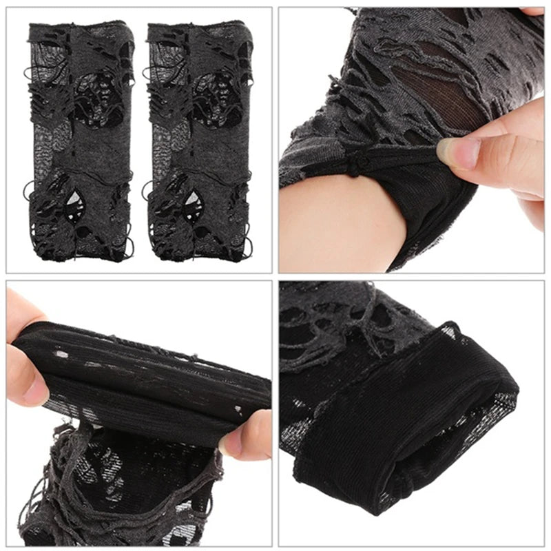 Halloween Broken Slit Gloves Black Ripped Holes Cosplay Gloves Adults Sexy Gothic Fingerless Gloves Fashion Accessories - ZOOMNSTORE