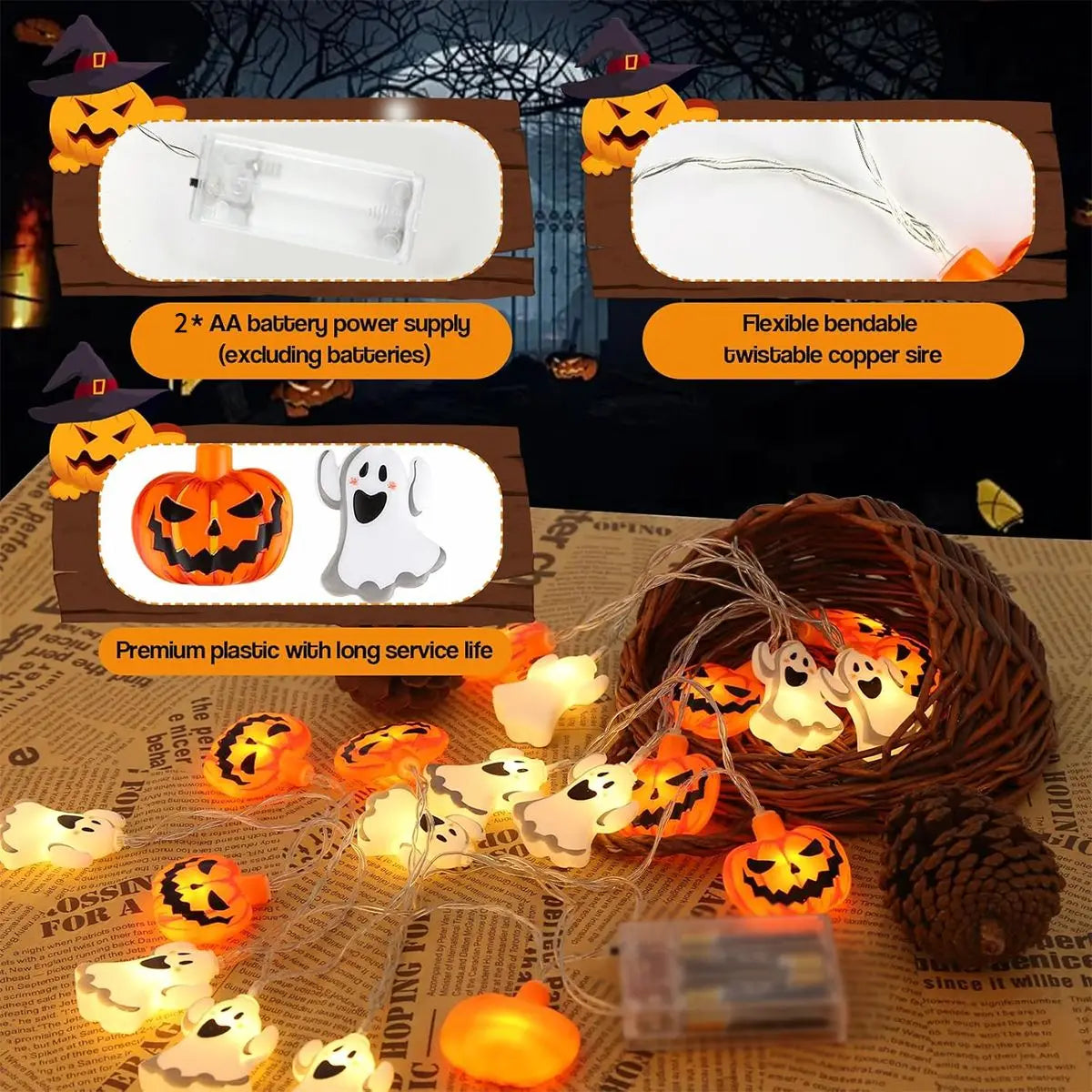 Halloween Pumpkin  Ghost String Lights - Battery Powered LED Decor for Home  Garden - ZOOMNSTORE