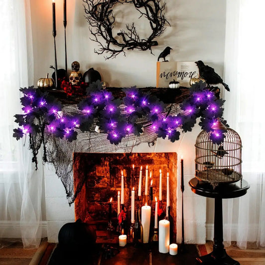 Halloween LED Black Leaf Garland - Battery Powered Fall Vine with Purple Lights - ZOOMNSTORE