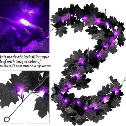 Halloween LED Black Leaf Garland - Battery Powered Fall Vine with Purple Lights - ZOOMNSTORE