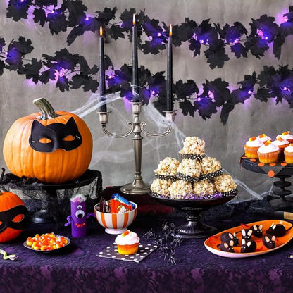 Halloween LED Black Leaf Garland - Battery Powered Fall Vine with Purple Lights - ZOOMNSTORE