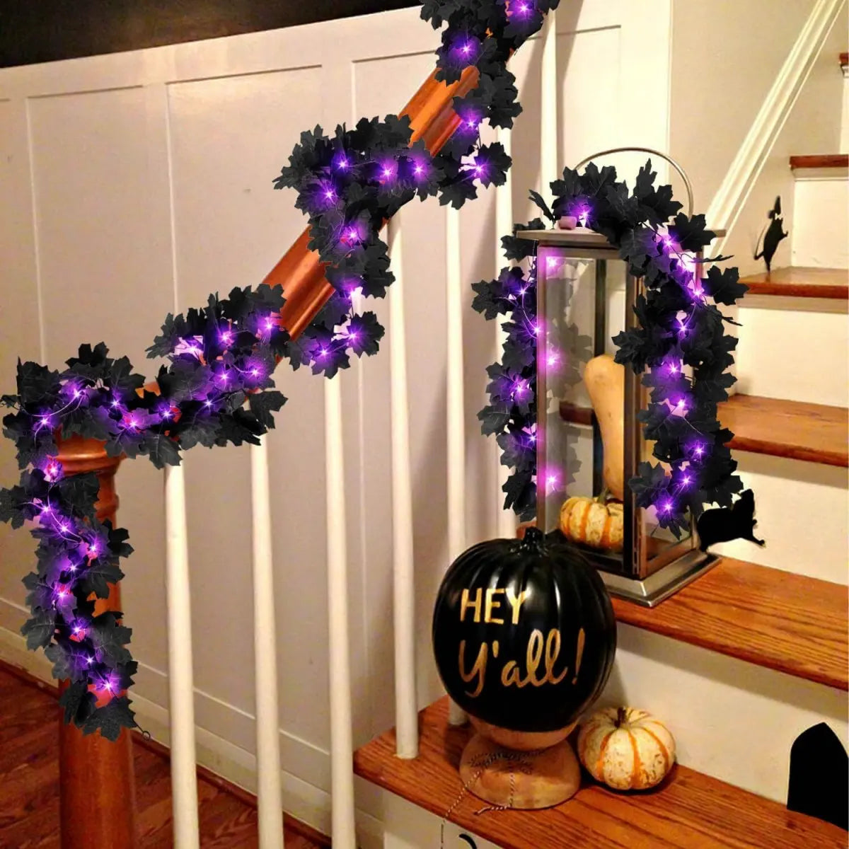 Halloween LED Black Leaf Garland - Battery Powered Fall Vine with Purple Lights - ZOOMNSTORE