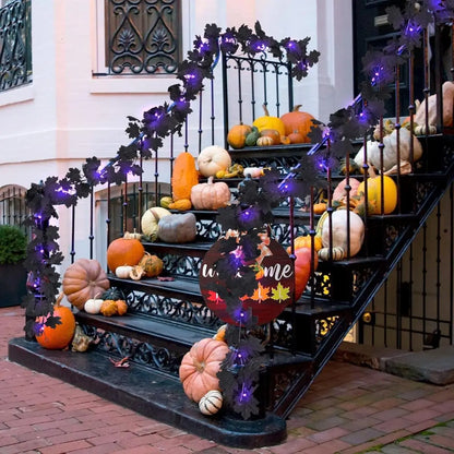 Halloween LED Black Leaf Garland - Battery Powered Fall Vine with Purple Lights - ZOOMNSTORE