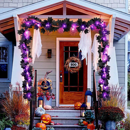 Halloween LED Black Leaf Garland - Battery Powered Fall Vine with Purple Lights - ZOOMNSTORE