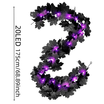 Halloween LED Black Leaf Garland - Battery Powered Fall Vine with Purple Lights - ZOOMNSTORE