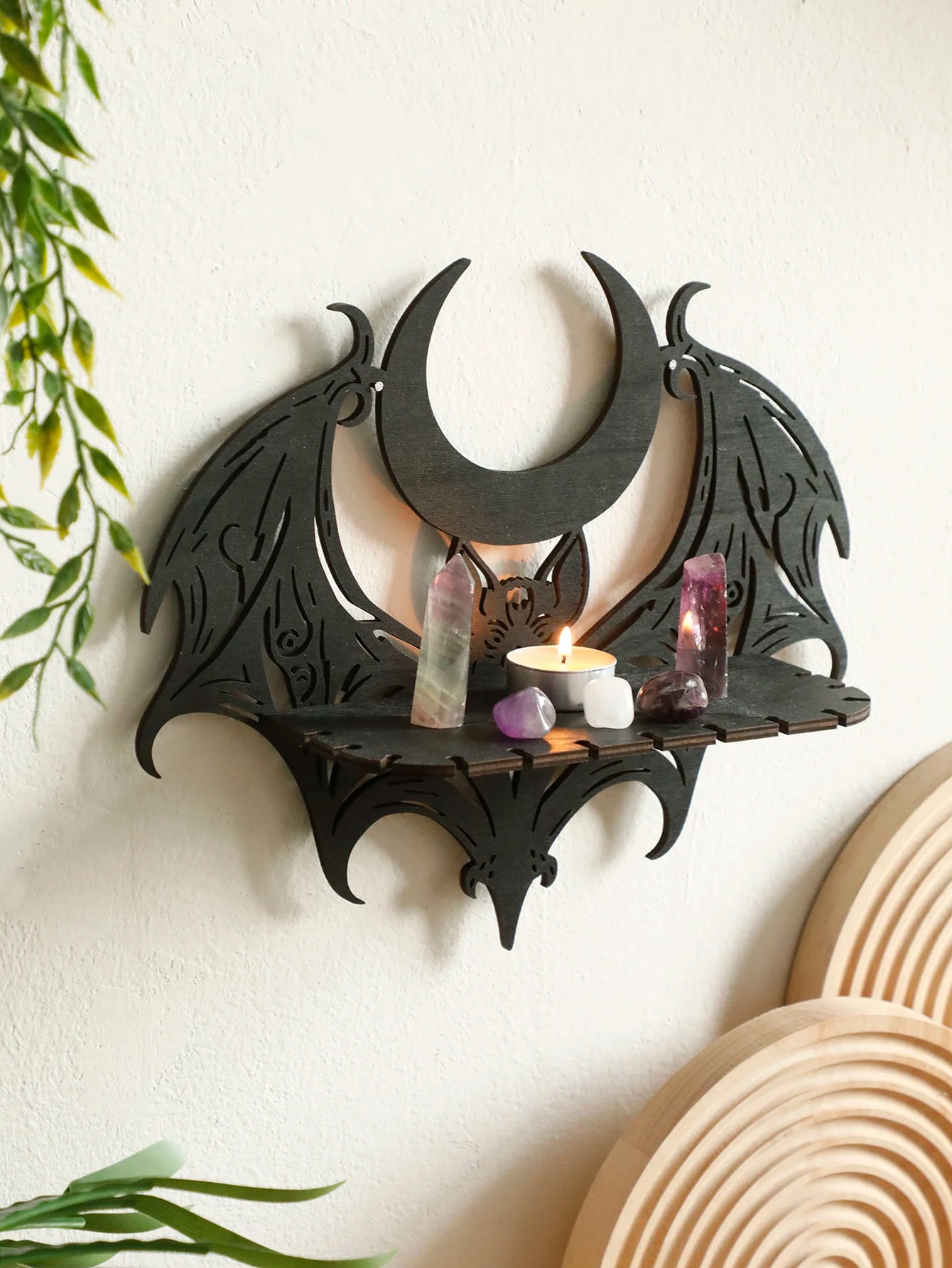 Halloween Wooden Wall Shelf - Gothic Bat Moon Hollow Pattern Floating Wood Shelf - ZOOMNSTORE