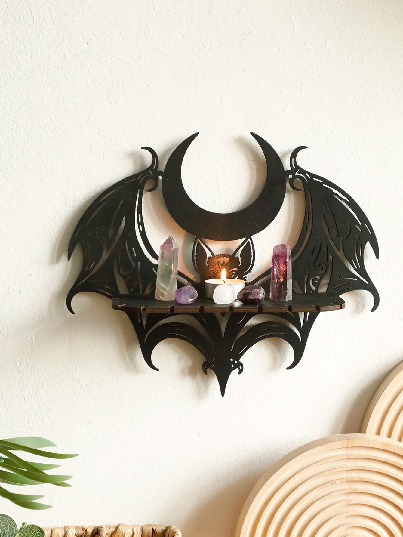 Halloween Wooden Wall Shelf - Gothic Bat Moon Hollow Pattern Floating Wood Shelf - ZOOMNSTORE