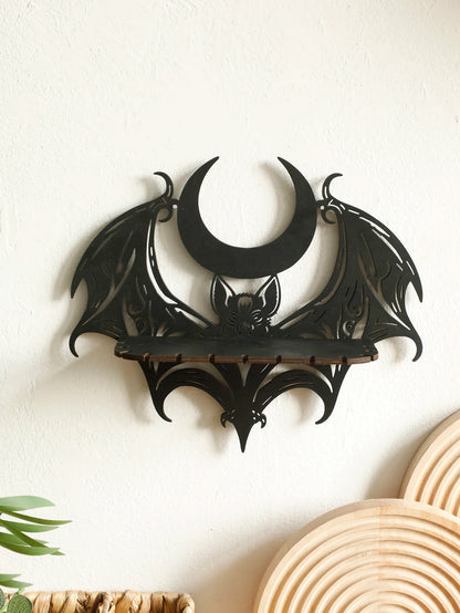 Halloween Wooden Wall Shelf - Gothic Bat Moon Hollow Pattern Floating Wood Shelf - ZOOMNSTORE