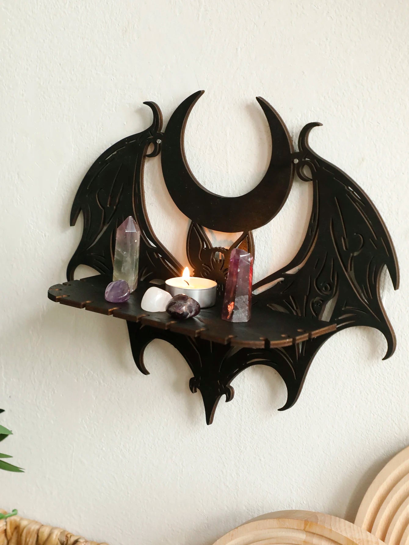 Halloween Wooden Wall Shelf - Gothic Bat Moon Hollow Pattern Floating Wood Shelf - ZOOMNSTORE