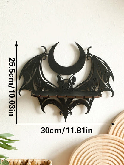Halloween Wooden Wall Shelf - Gothic Bat Moon Hollow Pattern Floating Wood Shelf - ZOOMNSTORE
