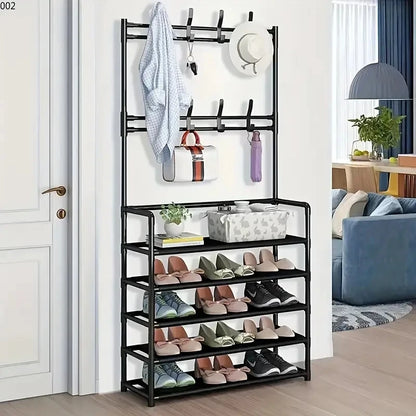 Hallway Clothes Hanger - Rustic Coat Rack Stand with Double Row Hooks & Shoe Storage Rack - ZOOMNSTORE