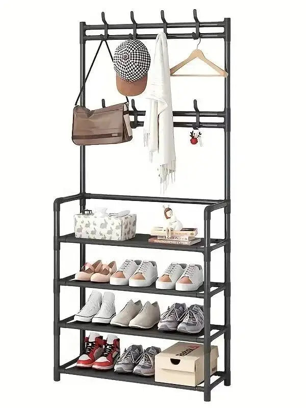 Hallway Clothes Hanger - Rustic Coat Rack Stand with Double Row Hooks & Shoe Storage Rack - ZOOMNSTORE
