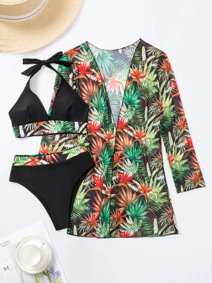 3PCS Halter Print Bikini Set with Kimono - High Waist Womens Swimsuit Beachwear - ZOOMNSTORE