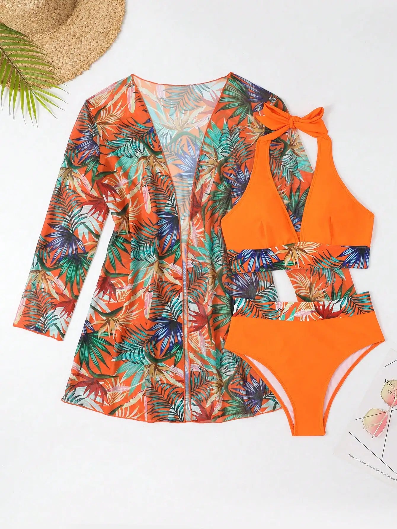 3PCS Halter Print Bikini Set with Kimono - High Waist Womens Swimsuit Beachwear - ZOOMNSTORE