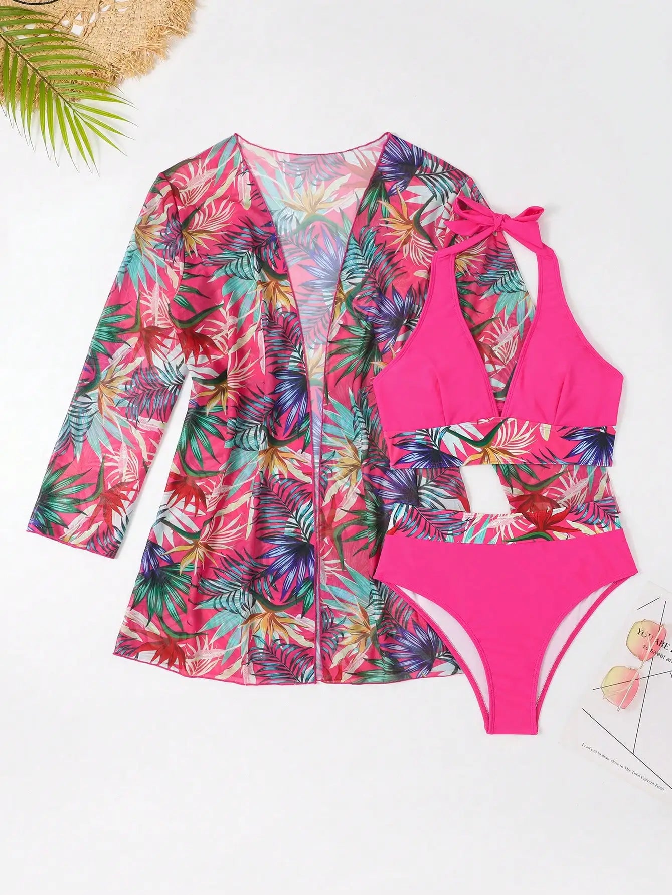 3PCS Halter Print Bikini Set with Kimono - High Waist Womens Swimsuit Beachwear - ZOOMNSTORE
