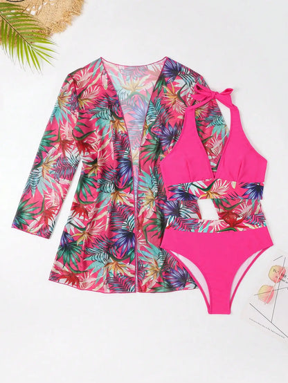 3PCS Halter Print Bikini Set with Kimono - High Waist Womens Swimsuit Beachwear - ZOOMNSTORE